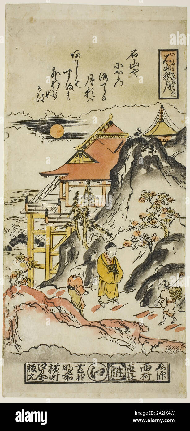 Herbst Mond in Ishiyama (Ishiyama keine Aki no tsuki), Nr. 8 aus der Reihe acht Ansichten von Omi, C. 1716/36, Nishimura Shigenaga, Japanisch, 1697 (?)-1758, Japan, Handkolorierter Holzschnitt, hosoban, urushi-e, 13 1/2 x 6 1/4 Zoll Stockfoto