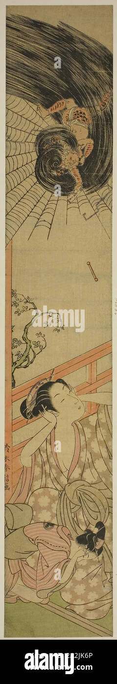 Die geschlagen Donnergott liefern eine Liebeserklärung an eine Kurtisane, C. 1767/68, Suzuki Harunobu 鈴木 春信, Japanisch, 1725 (?) -1770, Japan, Farbe holzschnitt, hashira-e, 26 5/8 x 4 5/8 Zoll Stockfoto