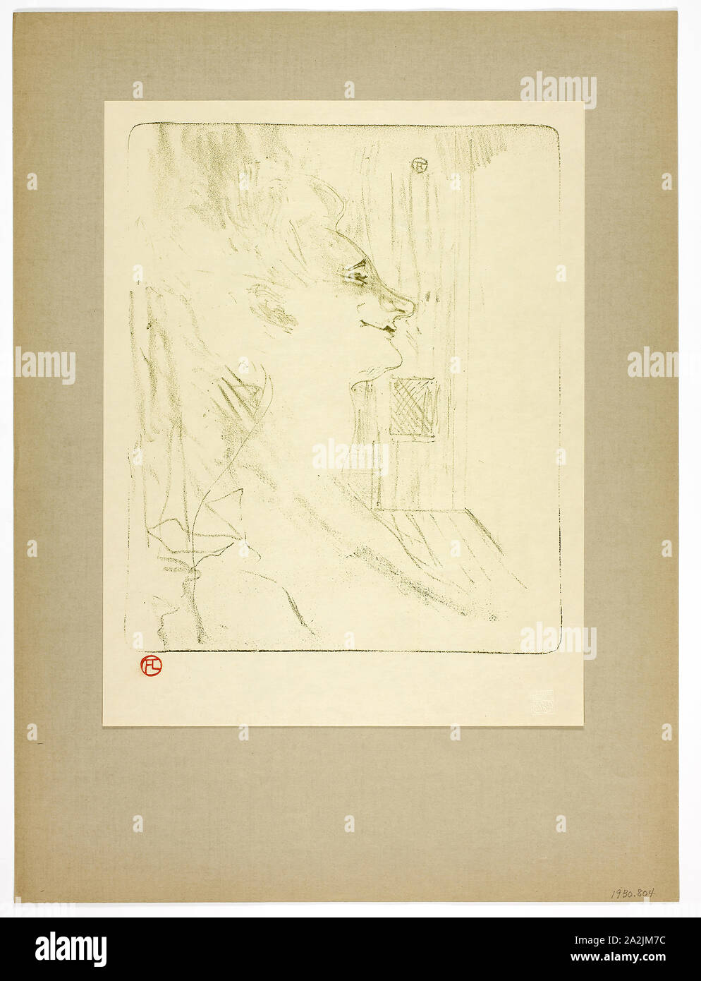 Soûlarde, Platte sechs von Yvette Guilbert, 1898, Gedruckt 1930, Henri de Toulouse-Lautrec (Französisch, 1864-1901), von Westminster Presse (Englisch, 20. Jahrhundert), veröffentlicht durch das Ernest Braun & Phillips (Englisch, 20. Jahrhundert), Frankreich, Lithographie (Kreide) in Oliv-grün auf Creme webte Papier mit Scharnieren am oberen Ecken zu grau-braun wob Papier, 296 × 244 mm (Bild), 349 × 268 mm (Primary Support), 497 × 371 mm (sekundäre Unterstützung Stockfoto