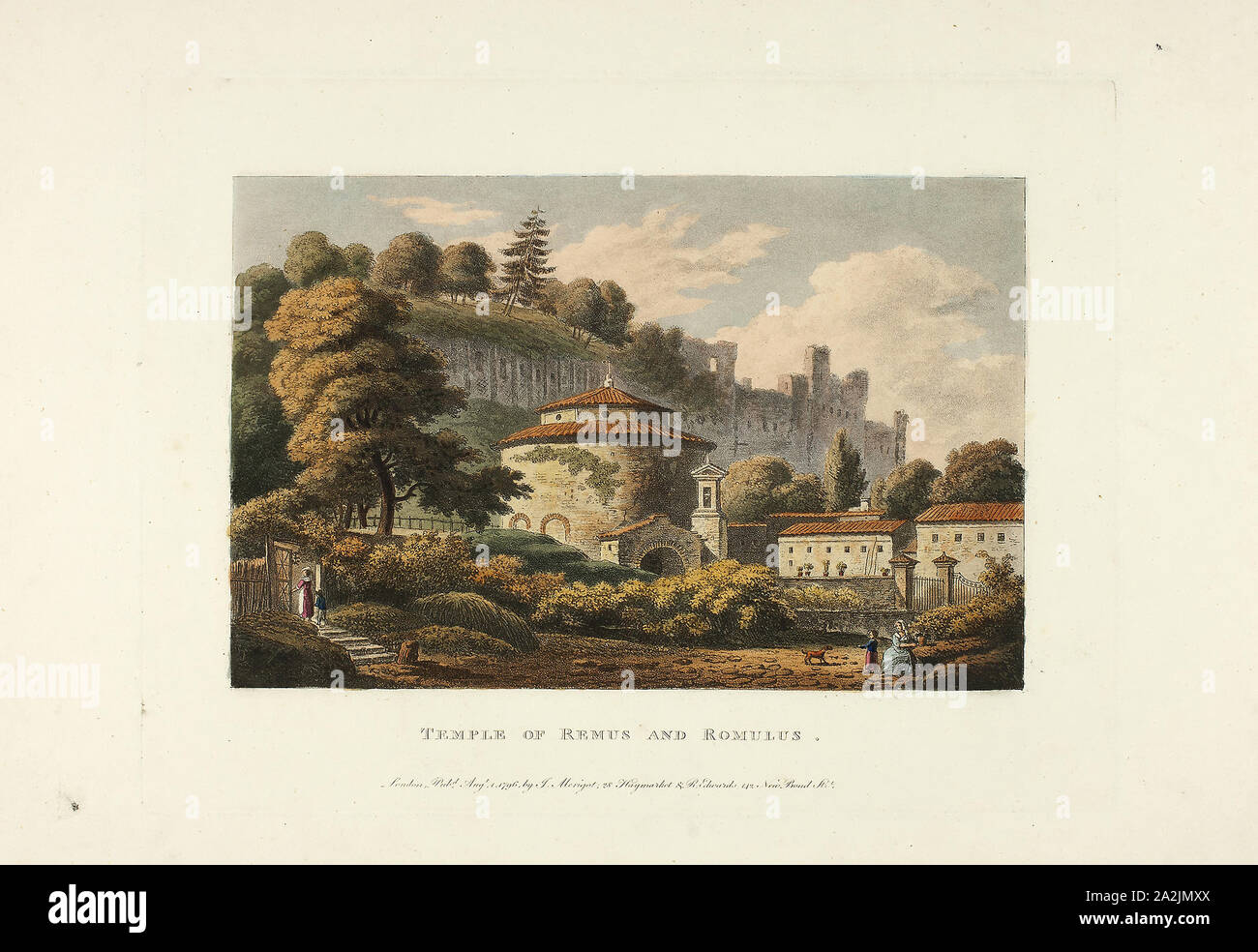 Tempel von Remus und Romulus, Platte 16 aus den Ruinen von Rom, veröffentlicht am 4. August 1796, M. Dubourg, (Englisch, aktive 1786-1838), durch J. Merigot (Italienisch, Unbekannt), England, handkolorierte Aquatinta auf Papier, 330 x 448 mm (Blatt veröffentlicht. Stockfoto