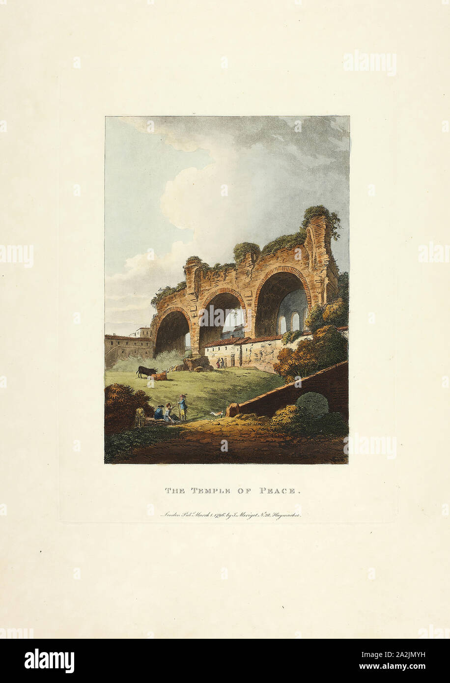 Der Tempel des Friedens, Platte neun von den Ruinen von Rom, veröffentlichte am 1. März 1796, M. Dubourg, (Englisch, aktive 1786-1838), durch J. Merigot (Italienisch, Unbekannt), England, handkolorierte Aquatinta auf Papier, 448 x 330 mm (Blatt veröffentlicht. Stockfoto