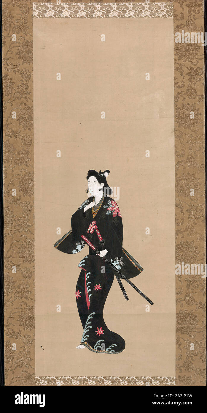 Samurai, 1750/75, Japanisch, 17. Jahrhundert, Japan, Hängerolle, Tusche und Farben auf Papier, 77,2 x 30,2 cm (30 3/8 x 11 7/8 in.), einschließlich Einfassung und Knöpfe: 164,4 x 48 cm (64 3/4 x 18 15/16 in Stockfoto