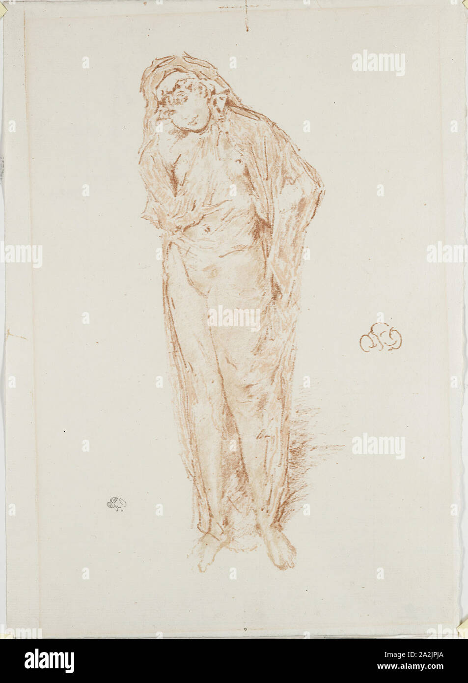 Drapierte Figur, stehend, 1891, James McNeill Whistler, American, 1834-1903, United States, Lithographie, von dünnen, transparenten Papier, aus vier Steinen, rot-orange und braun (Keystone), orange, und Ocker Tinten, auf Elfenbein Bütten, 227 x 112 mm (Bild), 270 x 172 mm (mit Ausrichtungsmarkierungen), 278 x 201 mm (Blatt Stockfoto