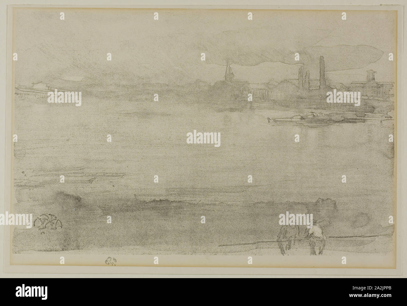 Am frühen Morgen, 1878, James McNeill Whistler, American, 1834-1903, Usa, Lithotint in schwarzer Tinte mit Schaben, auf einer vorbereiteten Hälfte - tint Boden, auf Creme webte Papier, 165 x 259 mm (Bild), 183 x 271 mm (Blatt Stockfoto