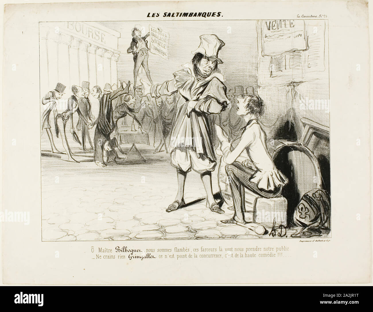 Die scharlatane., Oh Maître Bilboquet, mussten wir es … diese Clowns wird unsere Show stehlen! Keine Sorge, Gringaillet, Sie keine Konkurrenz, Sie sind nur Comedians!, von Les Saltimbanques 1839 Honoré Victorin Daumier, Französisch, 1808-1879, Frankreich, Lithographie in Schwarz auf Weiß webte Papier, 211 x 280 mm (Bild), 273 × 350 mm (Blatt Stockfoto
