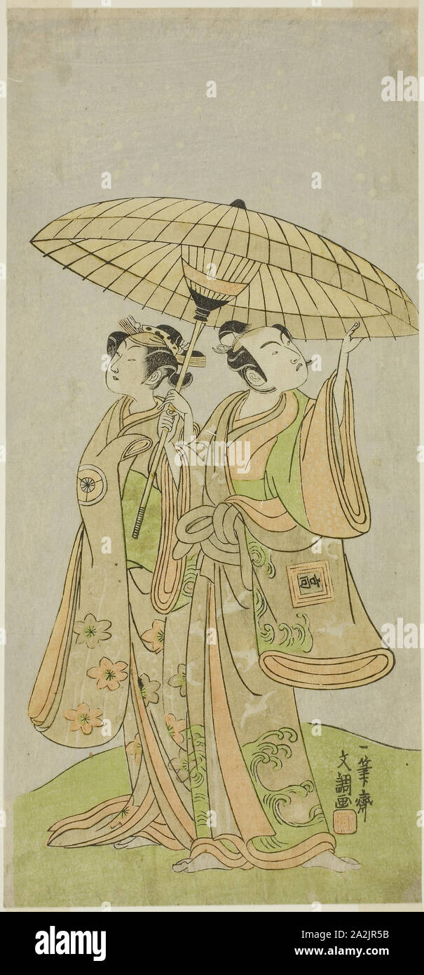 Die Schauspieler Ichikawa Komazo II als Chunagon Yukihira (rechts), und Iwai Hanshiro IV als Murasame (links), in der Spielen Kuni no Hana Ono keine Itsumoji, durchgeführt an der Nakamura Theater im elften Monat, 1771, C. 1771, Ippitsusai Buncho, Japanisch, Aktive c. 1755-90, Japan, Farbe holzschnitt, hosoban, 32,3 x 14,8 cm (12 3/4 x 5 7/8 in Stockfoto