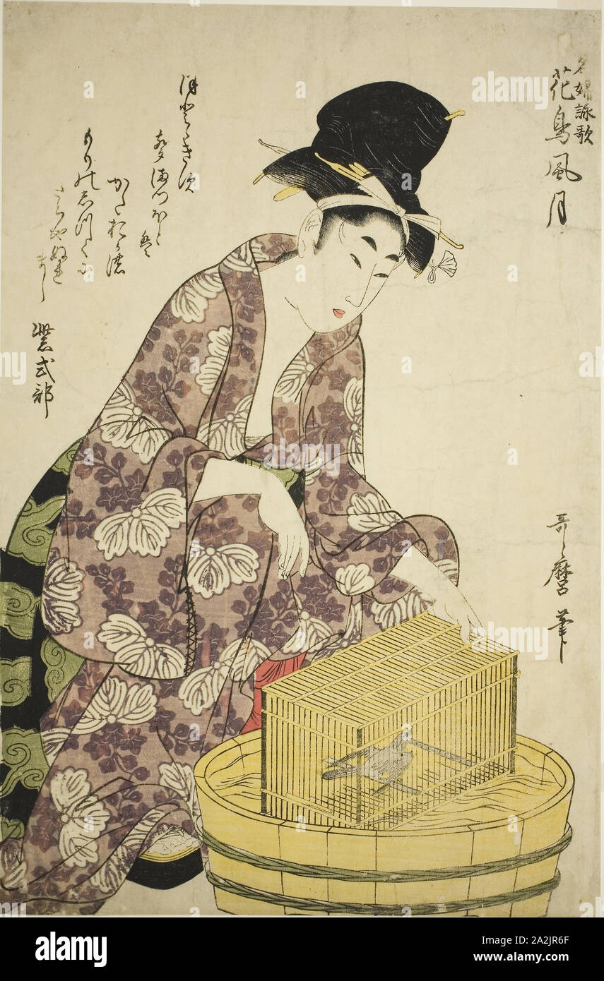 Murasaki Shikibu: Vogel, aus der Serie berühmte Frauen und ihre Gedichte auf Blumen, Vögel, Wind, und Mond (Meifu eika kacho fugetsu), C. 1805, Kitagawa Utamaro 喜多川 歌麿, Japanisch, 1753 (?)-1806, Japan, Farbe holzschnitt, Oban, 15 1/4 x 10 1/8 in. Stockfoto