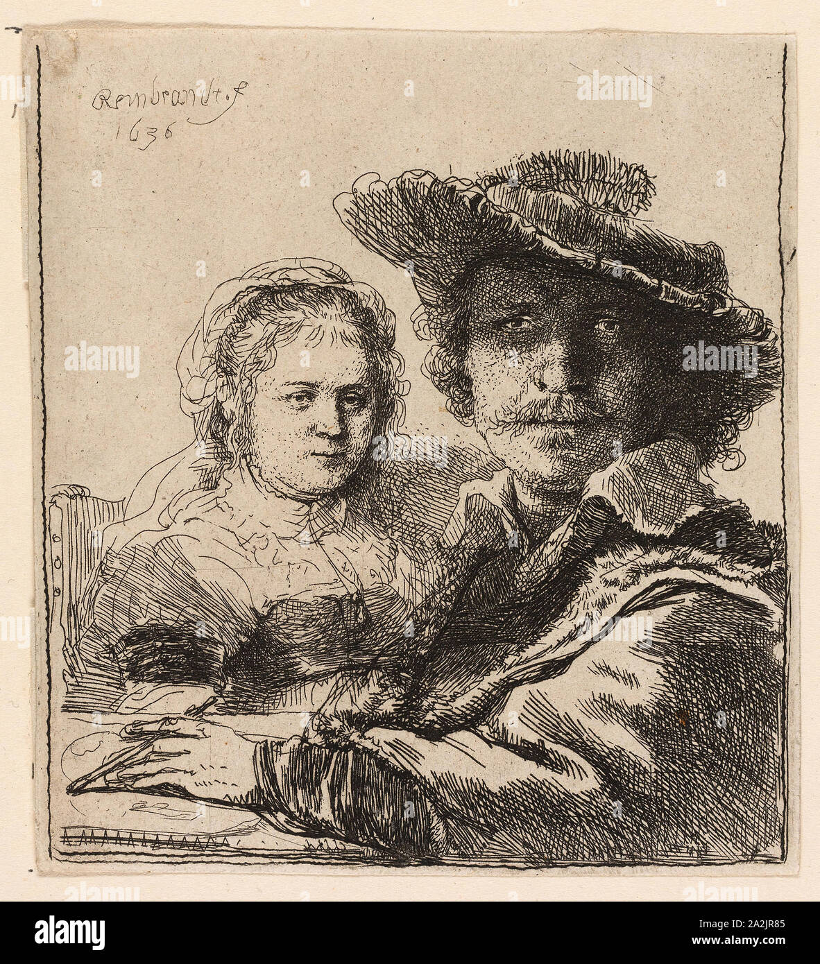 Selbstbildnis mit Saskia, 1636, Rembrandt van Rijn, niederländischer, 1606-1669, Holland, Ätzung auf Elfenbein Bütten, 104 x 92 mm (Bild), 106 x 96 mm (Blatt, innerhalb der Platte mark Stockfoto