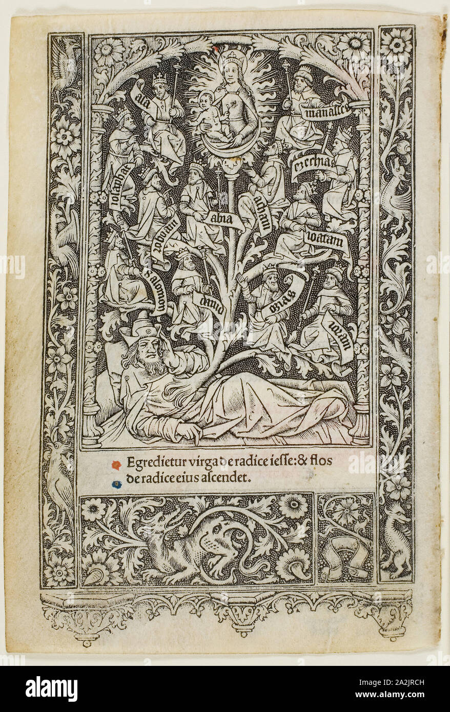 Die Wurzel Jesse, aus einem Buch von Stunden, n.d., Thielmann Kerver, Deutsch, blühte, 1497-1524, Deutschland, Holzschnitt (oder weichem Metall Hinterschnitt) auf Pergament (auf beiden Seiten), mit einem Hauch von Blau und Rot, 150 x 91 mm. Stockfoto