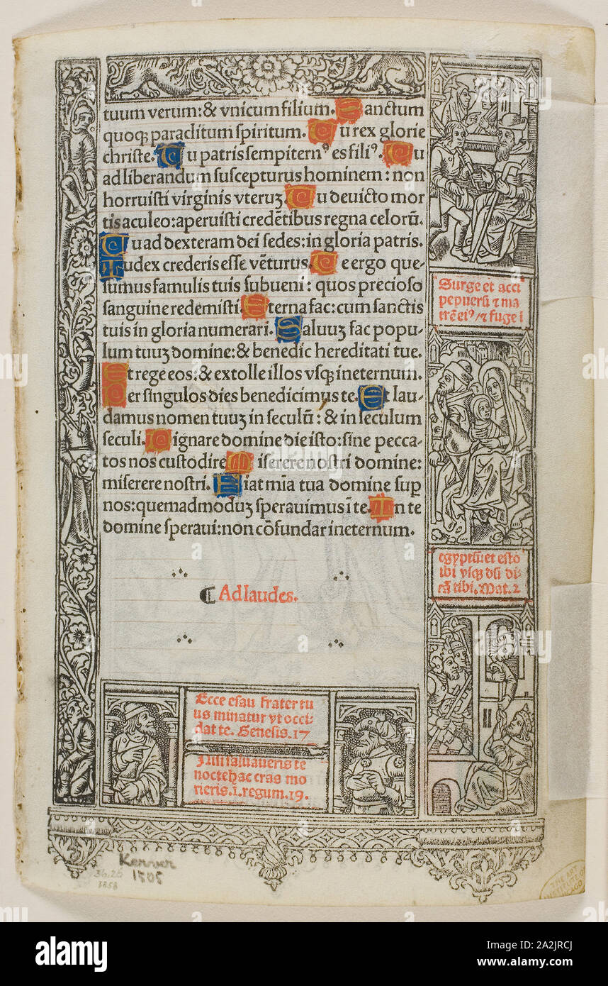 Heimsuchung, aus dem Buch von Stunden, n.d., Thielmann Kerver, Deutsch, Active 1497-1524, Deutschland, Holzschnitt in Schwarz (oder weichem Metall Hinterschnitt) mit hand-Färbung auf Pergament, 150 x 91 mm. Stockfoto