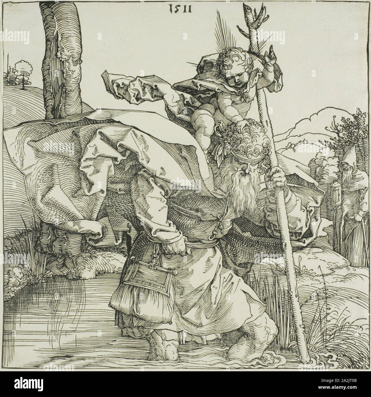 Saint Christopher, 1511, Albrecht Dürer, Deutsch, 1471-1528, Deutschland, Holzschnitt in Schwarz auf Elfenbein Bütten, 211 x 212 mm Stockfoto