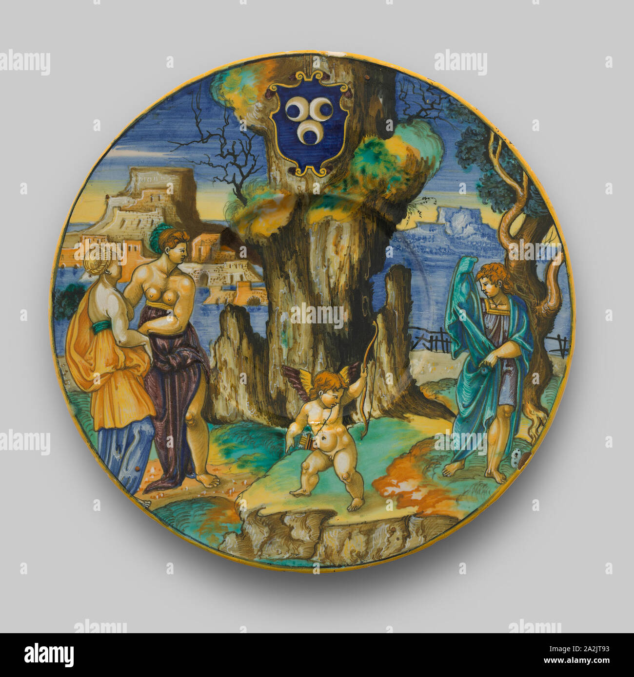 Platte mit Narzisse, Echo, Amor, C. 1530, Francesco Xanto Avelli (Italienisch, aktiv über 1525-1542), Urbino, Tin-glasiert Steingut (Majolika), Durchmesser: 26,7 cm (10 1/2 in. Stockfoto