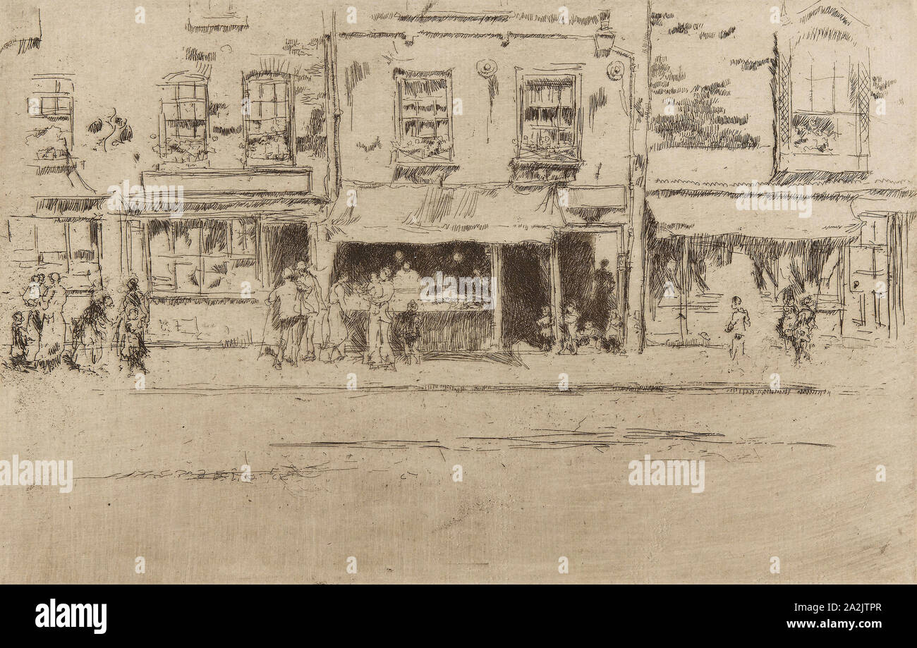 Fish Shop, Chelsea, 1886, James McNeill Whistler, American, 1834-1903, United States, Ätzen und kaltnadelradierung mit Foul beißen und Platte Ton in Dunkelbraun auf Elfenbein Bütten, 140 x 217 mm (Bild, innerhalb der Platte Mark), 143 x 217 mm (Blatt, mit Registerkarte "Unterschrift" Stockfoto