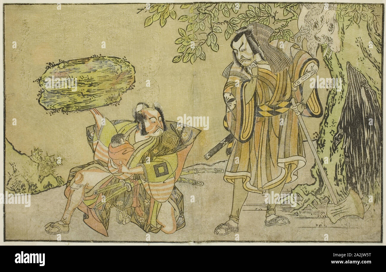 Die Schauspieler Matsumoto Koshiro II als Osada keine Taro Kagemune getarnt als der Holzfäller Gankutsu keine Gorozo (rechts), und Ichikawa Danzo III da ich keine hayata Tadazumi (links), in der Spielen Nue no Mori Ichiyo keine Mato, durchgeführt an der Nakamura Theater im elften Monat, 1770, C. 1772 Shunsho Katsukawa 勝川 春章, Japanisch, 1726-1792, Japan, Farbe holzschnitt, aus dem Bildband Yakusha Kuni no Hana (prominente Schauspieler von Japan), 17,6 x 27,7 cm (6 15/16 x 10 7/8 in Stockfoto