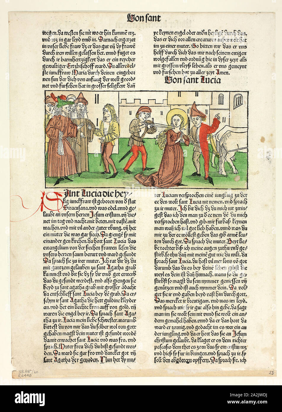 Das Martyrium von Saint Lucy von Heiligenleben, Sommerteil (Leben der Heiligen, Sommerzeit), Platte 20 von Holzschnitten aus Büchern des 15. Jahrhunderts, 1488, Portfolio montiert 1929, unbekannter Künstler (Nürnberg, 15. Jahrhundert), gedruckt von Anton Koberger (Deutsch, c. veröffentlicht. 1440/45 - 1513), original Text von Jacobus de Voragine (Italienisch, C. 1230 - 1298), Portfolio Text von Wilhelm Ludwig Schreiber (Deutsch, 1855-1932), Deutschland, Holzschnitt in Schwarz mit farbigen Ergänzungen, und Buchdruck in Schwarz mit rubrication, (Recto und verso), an den cremefarbenen Papier, Trinkgeld auf Creme webte Papier matte, 89 x 185 mm Stockfoto