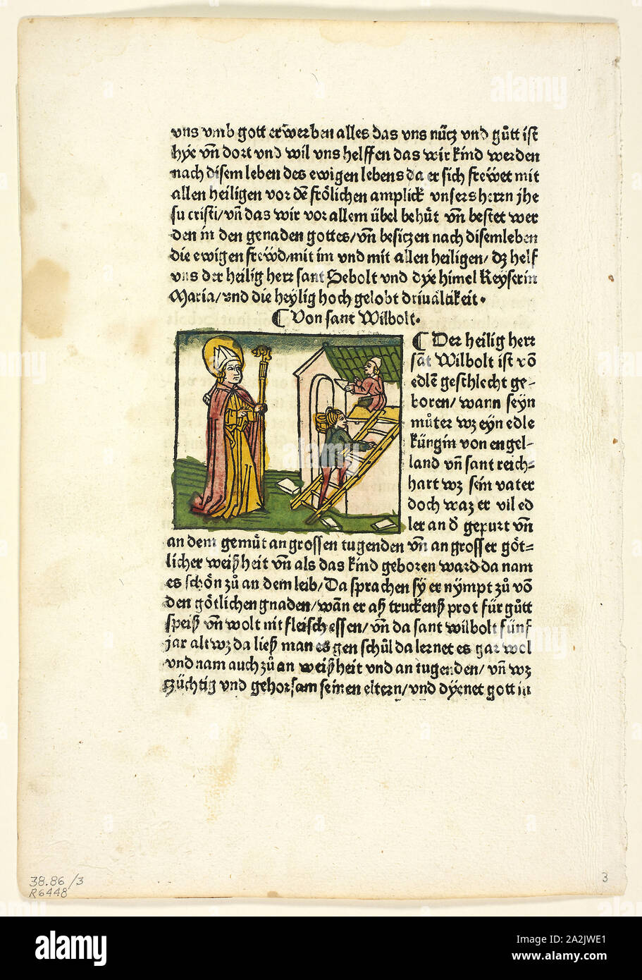 Saint Wilbolt von Heiligenleben, Winterteil (Leben der Heiligen - Winter), Platte 3 von Holzschnitten aus Büchern des 15. Jahrhunderts, 1475, Portfolio montiert 1929, unbekannter Künstler (Augsburg, 15. Jahrhundert), gedruckt und von Johannes (Hans) Baemler (Deutsch, 1435-1504), ursprünglicher Text von Jacobus de Voragine (Italienisch, c. veröffentlicht. 1230 - 1298), Portfolio Text von Wilhelm Ludwig Schreiber (Deutsch, 1855-1932), Deutschland, Holzschnitt in Schwarz mit farbigen Ergänzungen, und Buchdruck in Schwarz (Recto und verso), an den cremefarbenen Papier, Trinkgeld auf Creme webte Papier matte, 70 x 80 mm (Bild), 300 x 206 mm (Blatt Stockfoto