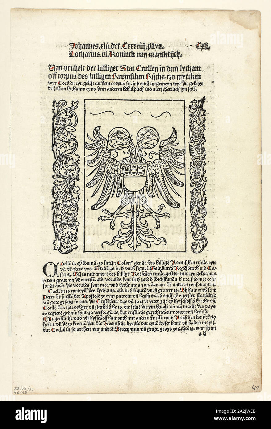 Heiligen Römischen Reiches Wappen mit Kölner Wappen von Koelner Chronik (Köln Chronik), Platte 37 von Holzschnitten aus Büchern des 15. Jahrhunderts, 1499, Portfolio montiert 1929, unbekannter Künstler (Köln, Ende 15. Jahrhundert), gedruckt von Johann Koelhoff der Jüngere (Deutsch, aktiv 1487 - 1502), Portfolio Text von Wilhelm Ludwig Schreiber (Deutsch, 1855-1932), Deutschland, Holzschnitt in Schwarz und veröffentlicht, und Buchdruck in Schwarz mit rubrication (Recto und verso), an den cremefarbenen Papier, Trinkgeld auf Creme webte Papier matte, 135 x 135 mm (Bild), 338 x 220 mm (Blatt Stockfoto
