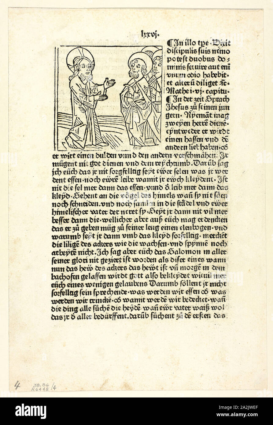 Jesus predigt seine Jünger von Plenarium, Platte 4 von Holzschnitten aus Büchern des 15. Jahrhunderts, 1478, Portfolio montiert 1929, unbekannter Künstler (Augsburg, 15. Jahrhundert), gedruckt und von Anton Sorg (Deutsch, c. veröffentlicht. 1430 - 1493), Portfolio Text von Wilhelm Ludwig Schreiber (Deutsch, 1855-1932), Deutschland, Holzschnitt und Buchdruck in Schwarz (Recto und verso) auf Creme Bütten, auf Creme webte Papier matte gespitzt, 76 x 78 mm (Bild), 281 x 188 mm (Blatt Stockfoto