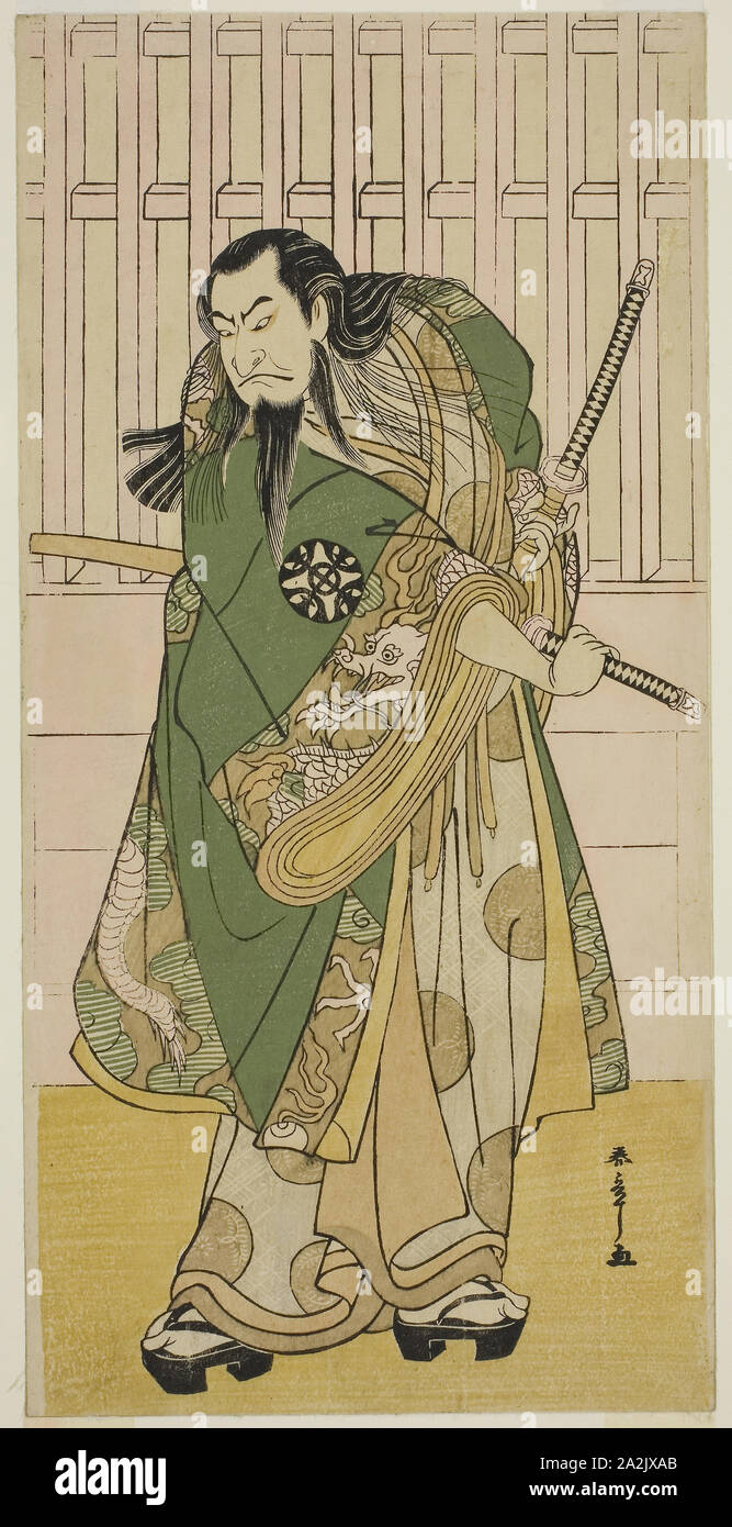 Der Schauspieler Nakamura Nakazo ich als Hige keine Ikyu im Spiel Nanakusa Yosooi Soga, durchgeführt an der Nakamura Theater im fünften Monat, 1782, C. 1782, Shunsho Katsukawa 勝川 春章, Japanisch, 1726-1792, Japan, Farbe holzschnitt, hosoban, Mitte Blatt pentaptych, 31,6 x 15,1 cm (12 5/6 x 5 15/16 in Stockfoto