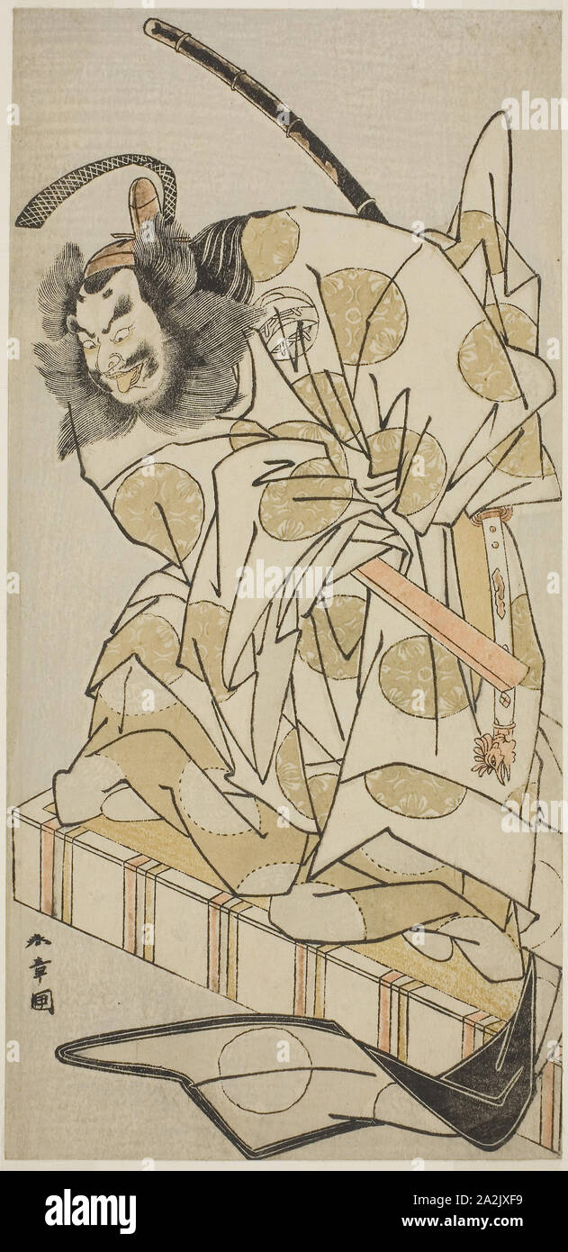 Der Schauspieler Nakajima Mihoemon II als Bomon keine Saisho Kiyotada im Spiel Oyafune Taiheiki, durchgeführt an der Ichimura Theater im elften Monat, 1775, C. 1775, Shunsho Katsukawa 勝川 春章, Japanisch, 1726-1792, Japan, Farbe holzschnitt, hosoban, 29,8 x 14,3 cm (11 3/4 x 5 5/8 Zoll Stockfoto