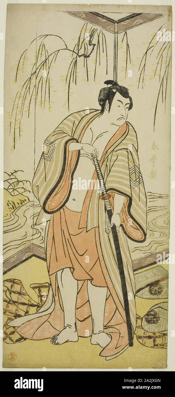 Der Schauspieler Ichikawa Monnosuke III wie die Sumo-ringer Shirafuji Genta im Spiel Edo no Hana Mimasu Soga, durchgeführt an der Nakamura Theater im dritten Monat, 1783, C. 1783, Katsukawa Shunjo, Japanisch, gestorben 1787, Japan, Farbe holzschnitt, hosoban, Mitte blatt Triptychon, 32,4 x 14,8 cm (12 3/4 x 5 13/16 in Stockfoto