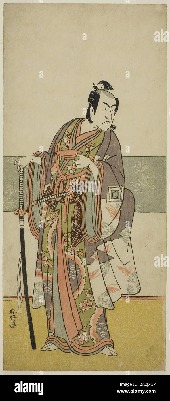 Der Schauspieler Ichikawa Monnosuke II in eine unbekannte Rolle, C. 1778, Katsukawa Shunko I, Japanisch, 1743-1812, Japan, Farbe holzschnitt, hosoban, aus einem mit mehreren Blättern Zusammensetzung (?), 32,2 x 14,4 cm (12 11/16 x 5 11/16 in Stockfoto