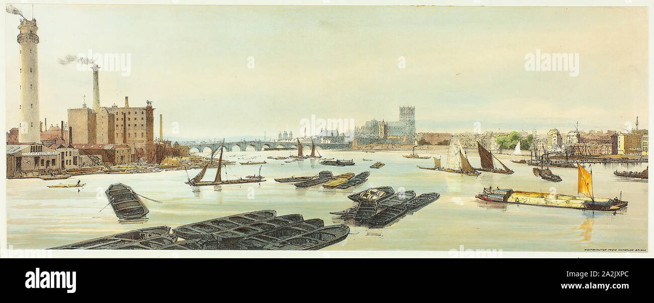 Westminster, von der Waterloo Bridge, Plate 19 from Original Blick auf London, wie es ist, 1842, Thomas Shotter Jungen (Englisch, 1803-1874), von Charles Ollier (Englisch, 1788-1859), England, Hand entwickelt - farbige Lithographie auf Papier, 175 x 455 mm Stockfoto