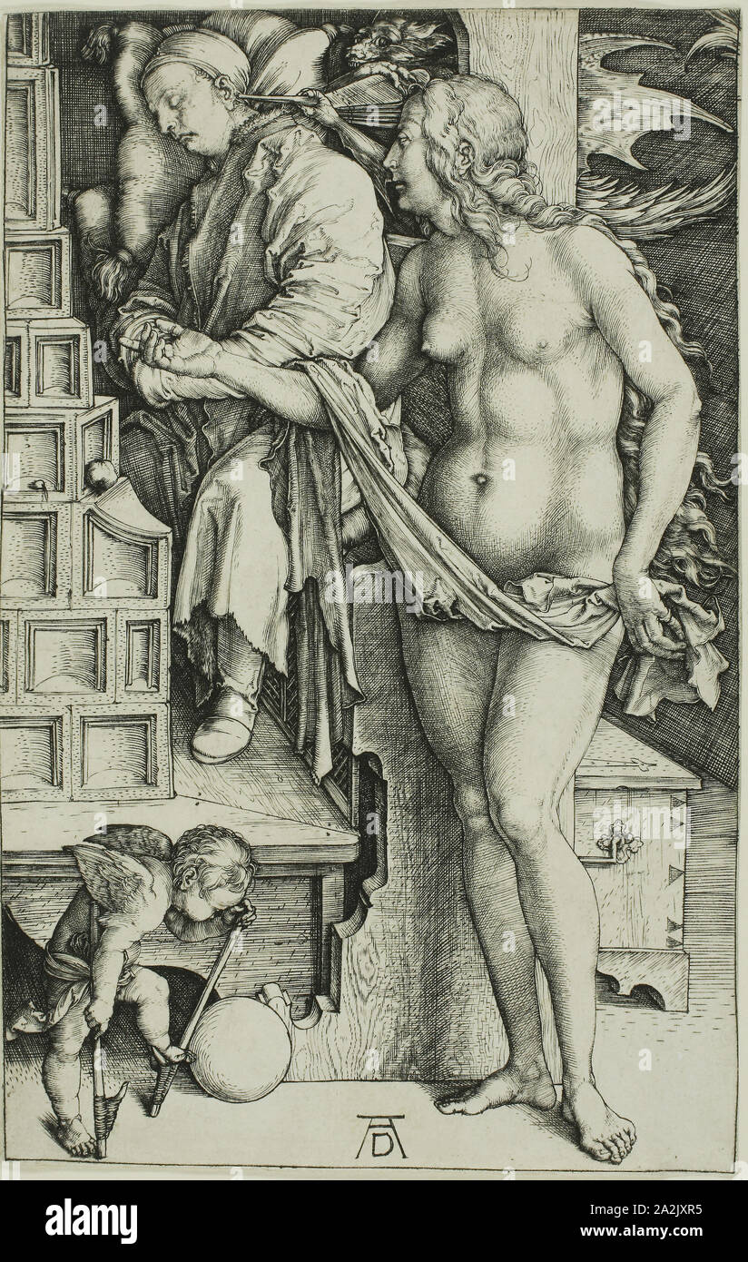 Die Versuchung der Spannrolle (Der Traum von der Doktor), C. 1498, Albrecht Dürer, Deutsch, 1471-1528, Deutschland, Gravur in Schwarz auf Elfenbein Bütten, 188 x 119 mm Stockfoto