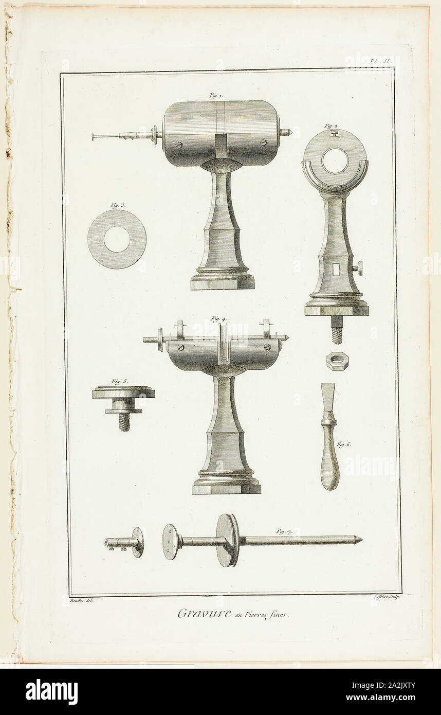 Edelstein Gravur, aus der Encyclopédie, 1762/77, A. J. Defehrt (Französisch, Aktiv 18. Jahrhundert), nach Antoine-Gaspard Boucher d'Argis (Französisch, 1708-1791), von André Le Breton (Französisch, 1708-1779), Michel-Antoine David (Französisch, c. veröffentlicht. 1707-1769), Laurent Durand (Französisch, 1712-1763), und Antoine-Claude Briasson (Französisch, 1700-1775), Frankreich, Gravur auf Creme Bütten, 315 x 200 mm (Bild), 355 x 225 mm (Platte), 390 × 255 mm (Blatt Stockfoto