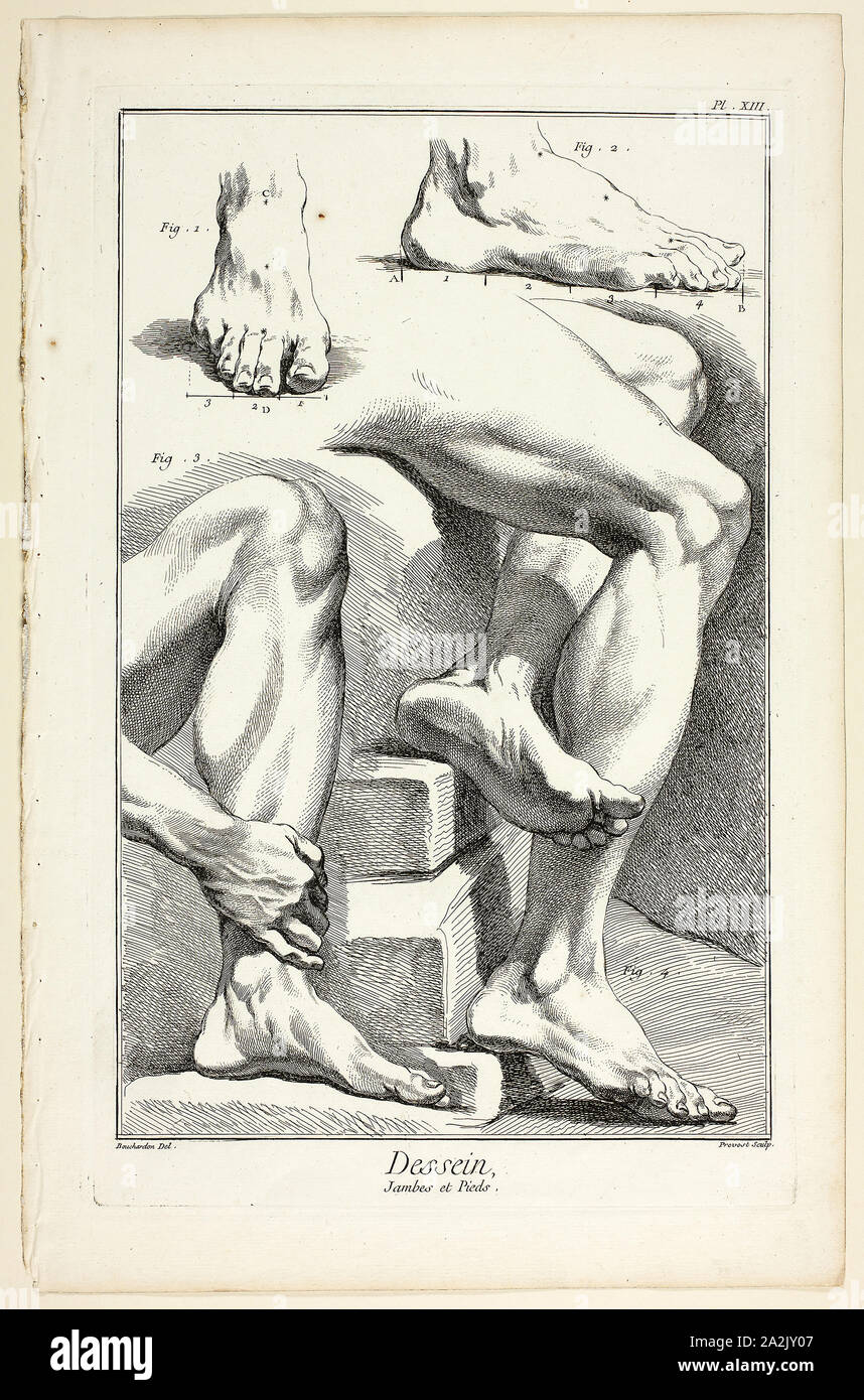 Design: Beine und Füße, von Encyclopédie, 1762/77, Benoît-Louis Prévost (Französisch, C. 1735-1809), Nach dem (wahrscheinlich Edme Bouchardon), (Französisch, Aktiv 18. Jahrhundert), von André Le Breton (Französisch, 1708-1779), Michel-Antoine David (Französisch, c. veröffentlicht. 1707-1769), Laurent Durand (Französisch, 1712-1763), und Antoine-Claude Briasson (Französisch, 1700-1775), Frankreich, Ätzen, mit Gravur, an den cremefarbenen Papier, 323 x 205 mm (Bild), 350 x 220 mm (Platte), 400 x 257 mm (Blatt Stockfoto