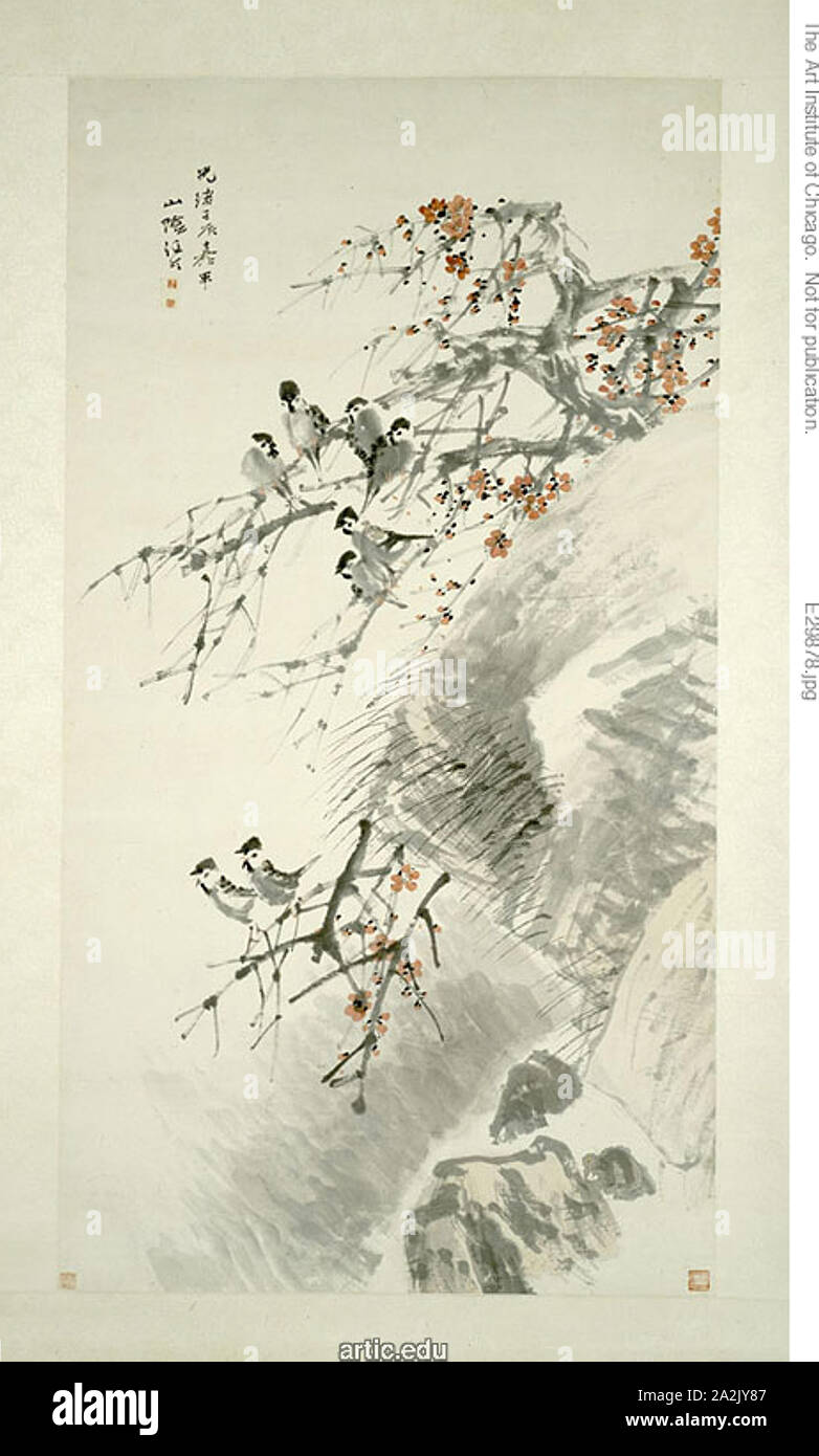 Vögel auf rote Pflaumen, Qing Dynastie (1644 - 1911), 1892, Ren Yi [Ren Bonian], Chinesisch, 1840-1895, China, Hängerolle, Tusche und Farben auf Papier, 187,3 × 97,5 cm (73 3/4 x 38 3/8 in Stockfoto