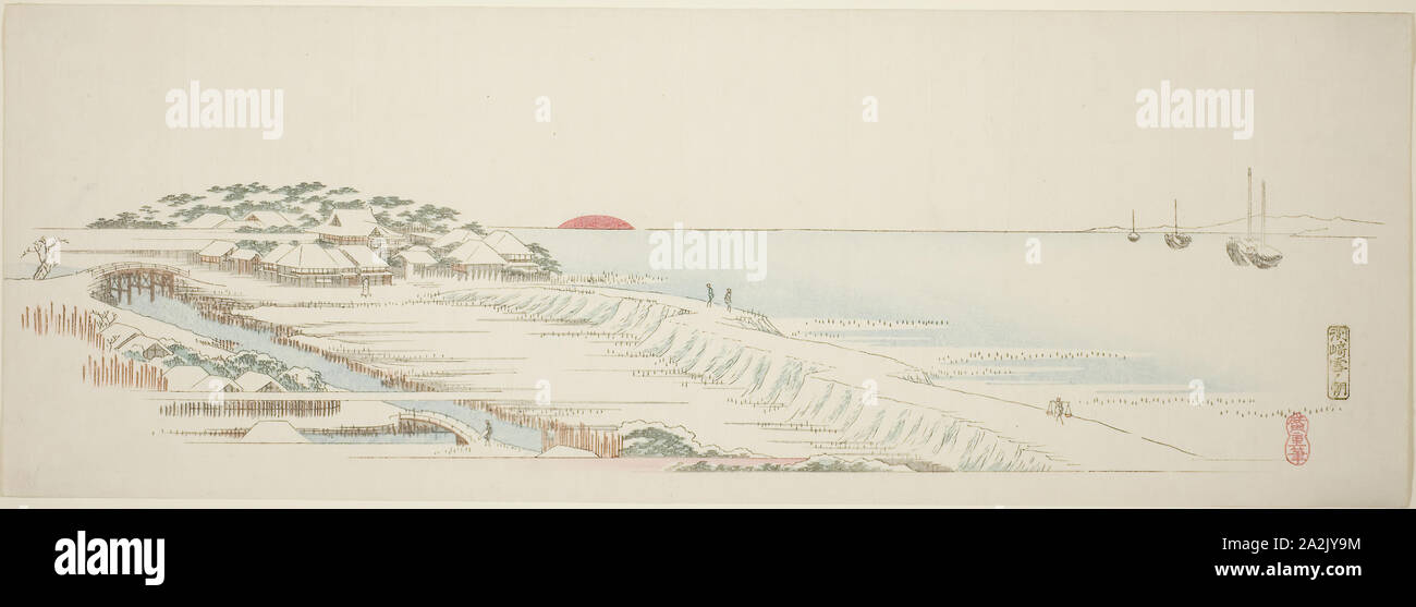 Morgen Schnee am Susaki (susaki Yuki no Asa), aus der Serie 13 Ansichten der Umgebung von Edo, C. 1837/44, Utagawa Hiroshige 歌川 広重, Japanisch, 1797 - 1858, Japan, Farbe holzschnitt, ebangire, surimono, 7 x 20 in Stockfoto