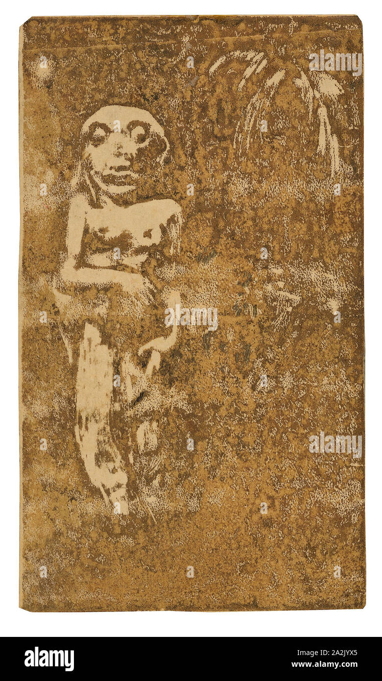 Oviri, 1894, Paul Gauguin, Französisch, 1848-1903, Frankreich, Holz-Block drucken, gedruckten zweimal in tief-gelb Ocker und braun Tinte, mit einem Hauch von Schwarz Aquarell, auf Creme webte Papier (eine Imitation japanischer Vellum), blau marmoriert webte Laminat Karte (recto), Holz-Block schwarz drucken Tinte mit roter Tinte Ton blockieren und Pinsel und Lösungsmittel verdünnt Orange waschen, montiert auf Creme webte Papier (eine Imitation japanischer Vellum) montiert auf blau marmoriert webte Laminat Card (verso), 205 x 119 mm (Bild), 207 × 121 mm (Blatt), 230 × 316 mm (sekundäre Unterstützung Stockfoto