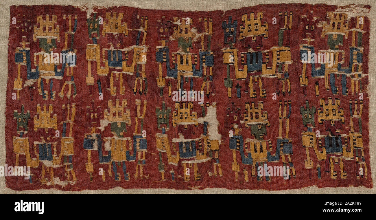 Fragment, möglicherweise A.D. 500/600, Nazca, möglicherweise Nazca Valley, South Coast, Peru, Peru, Baumwolle und Wolle (Camelid), Schlitz Gobelin-webart mit umreißt Tressen Stockfoto