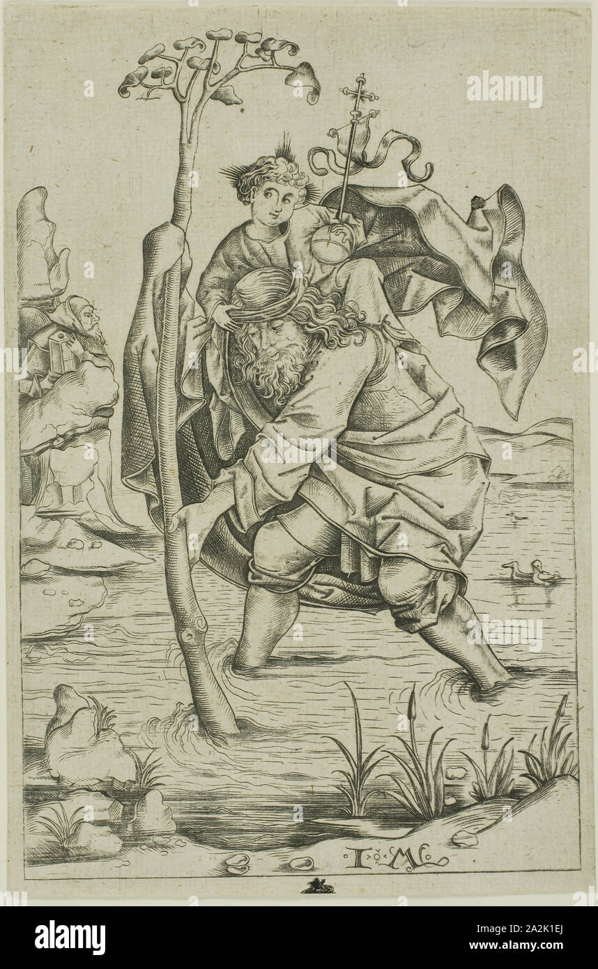 Saint Christopher, n.d., Israhel van Meckenem der Jüngere (Deutsch, C. 1440/45-1503), nachdem Meister des Housebook (Deutsch, Active C. 1470-1500), Deutschland, Gravur in Schwarz auf Elfenbein Bütten, 169 × 111 mm. Stockfoto