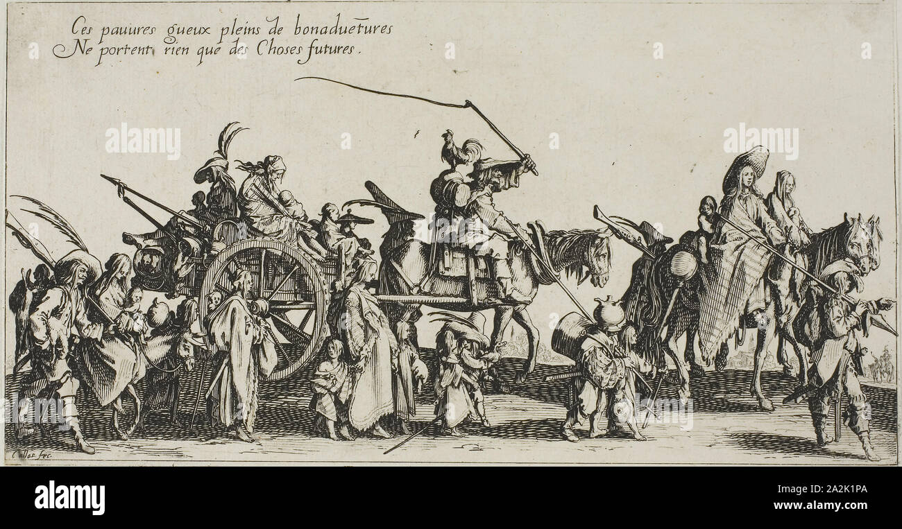 Die Bohemiens Marschieren: Die Nachhut, von den Bohemiens, n.d., Jacques Callot, Französisch, 1592-1635, Frankreich, Radierung mit Burin auf Papier, 123 x 235 mm (Bild/Seite, innerhalb der Platte mark Stockfoto