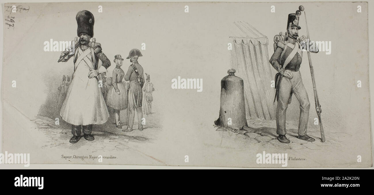 Militärischen Kostüme: Sapper (Feuerwehr), Chirurg und Kantine Manager, Grenadier (Musketier, Infanteristen), n. d., Victor Adam, Französisch, 1801-1866, Frankreich, Lithographie in Schwarz auf Creme webte Papier, 109 × 231 mm (Bilder), 118 × 263 mm (Blatt Stockfoto