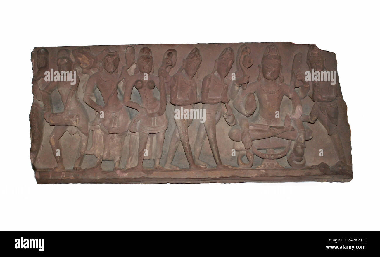 Fragment eines Tempels Tür Oberschwelle Chandella Zeitraum, C. 11. Jahrhundert, Indien, Uttar Pradesh, Roter Sandstein, 35,9 x 84,1 x 10,0 cm (14 1/8 x 33 1/8 x 3 15/16 in Stockfoto