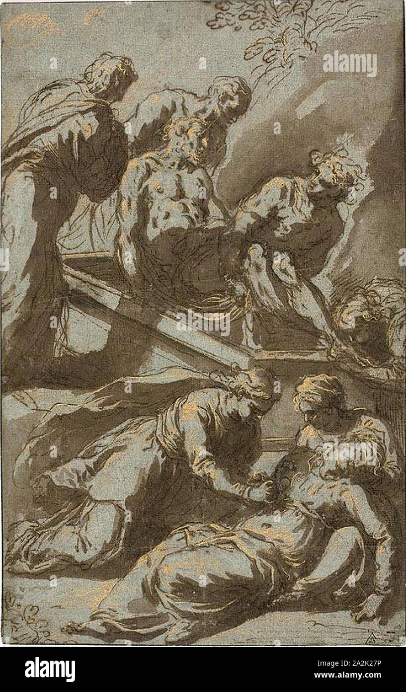 Die Grablegung Christi, 1595/1600, Jacopo Negretti, genannt Palma il Giovane, Italienisch, C. 1548-1628, Italien, Pen und braune Tusche und Pinsel und Braun waschen, mit Gold Metallic Lack verstärkt, auf blauem Papier, legte auf dünnen tan Bütten, 223 x 140 mm Stockfoto