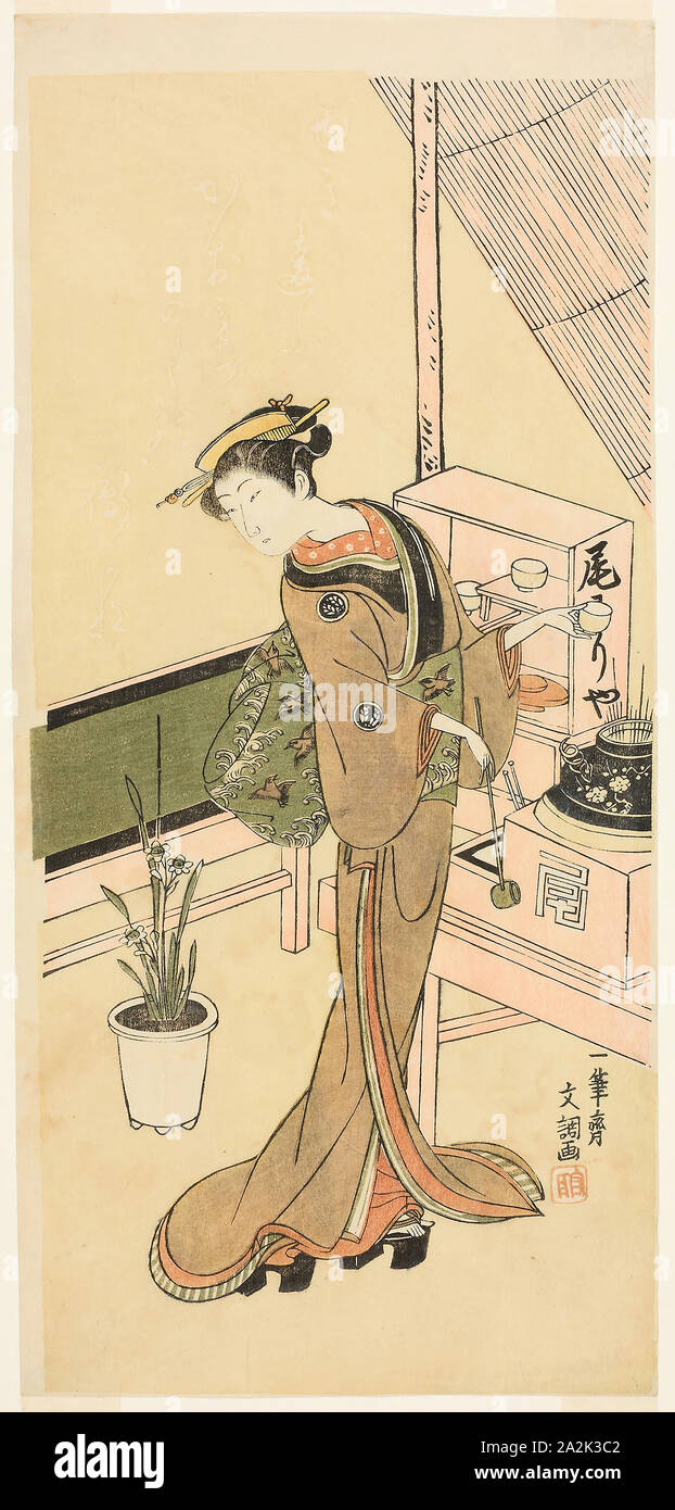 Kellnerin an der Owariya Teehaus, C. 1768, Ippitsusai Buncho, Japanisch, Aktive c. 1755-90, Japan, Farbe holzschnitt, hosoban, 32,7 x 15,5 cm (12 7/8 x 6 1/8 in. Stockfoto