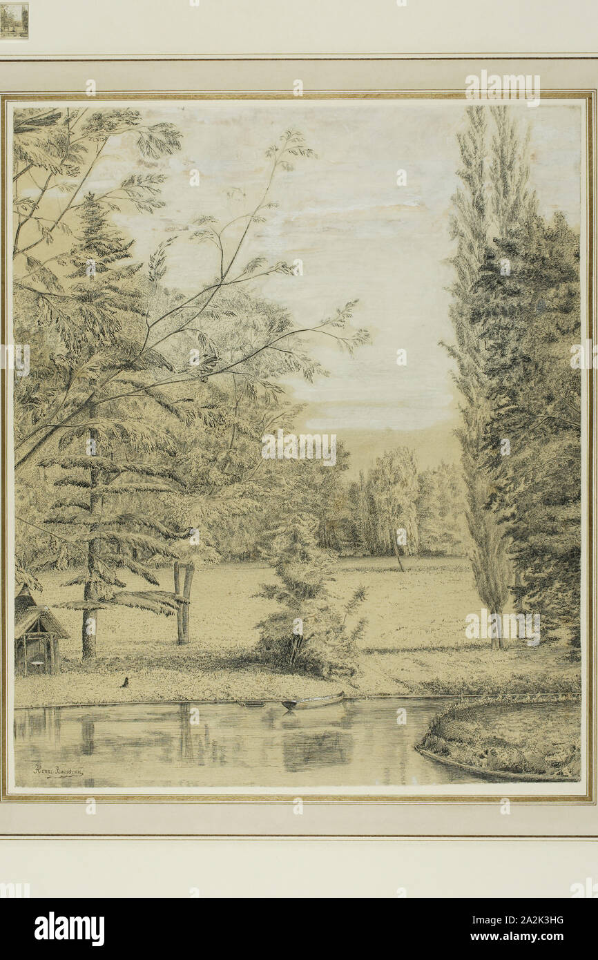 Fluss und Park Landschaft, 1885/90, Henri Rousseau, Stil, Französisch, 1844-1910, Frankreich, Stift und schwarzen und weißen Gouache führen, mit Graphit auf Papier tan webten, Perimeter, montiert auf Creme Karte, 300 x 250 mm Stockfoto