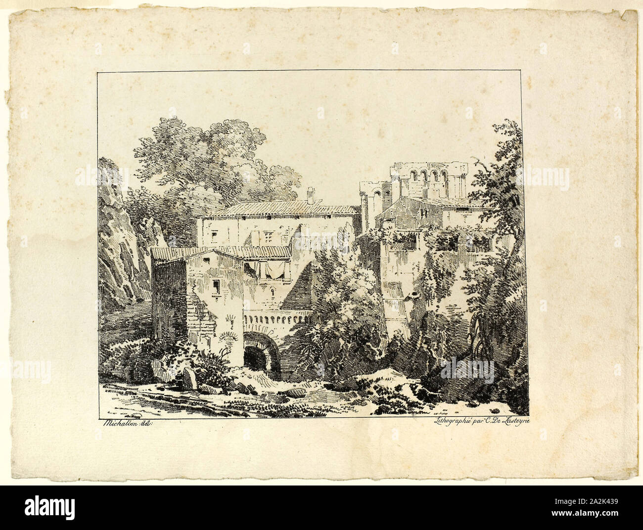 Landschaft mit Ruinen und Viadukt, 1817, Achille Ätna Michallon (Französisch, 1796-1822), von Comte de Charles Philibert Lasteyrie du Saillant (Französisch, 1759-1849), Frankreich, Lithographie in Schwarz gedruckt auf Elfenbein Bütten, 195 × 241 mm (Bild), 266 × 354 mm (Blatt Stockfoto