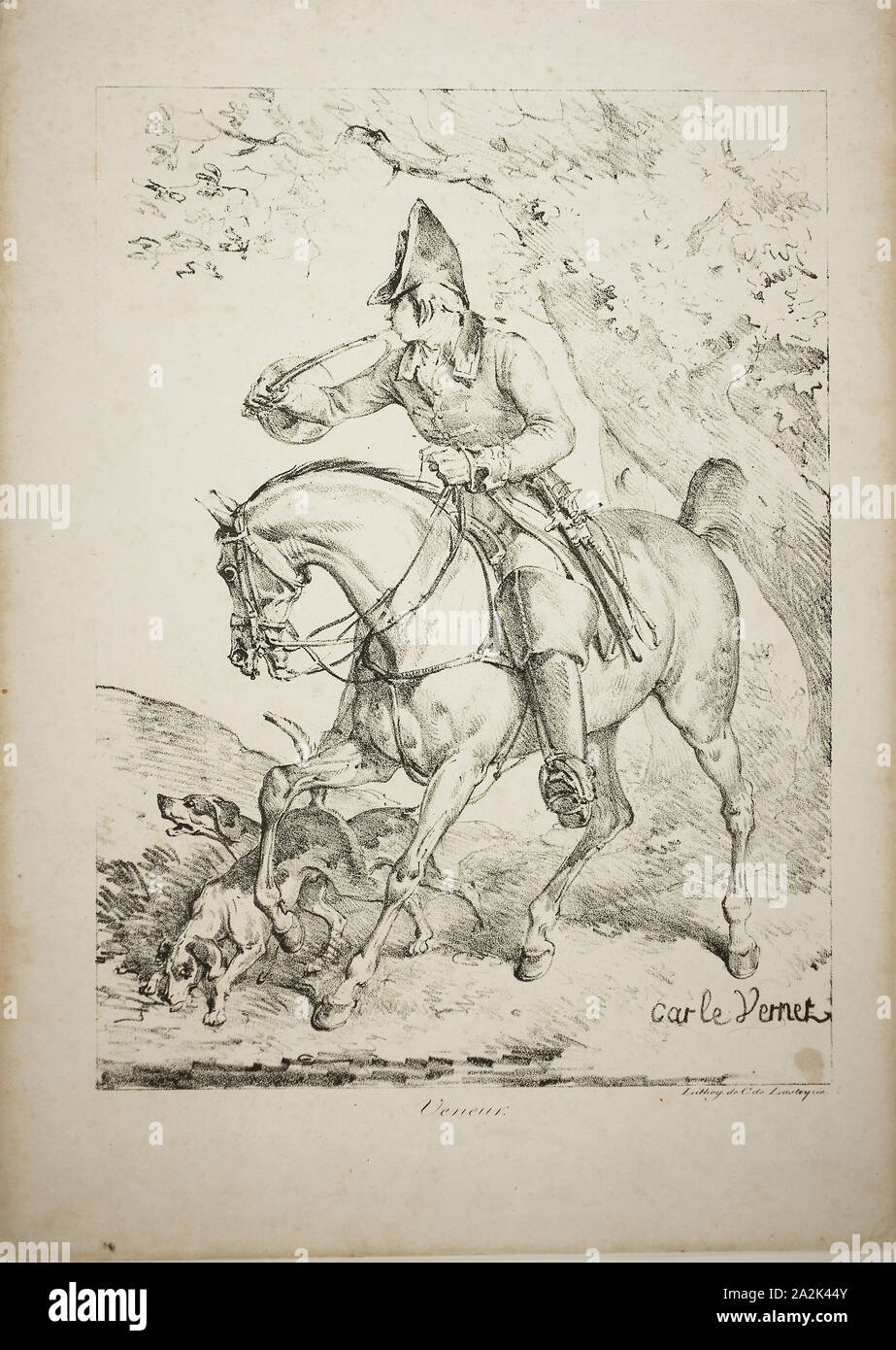 Montiert Huntsman klingende ein Horn, C. 1818, Carle Vernet (Frankreich, 1758-1836), von Comte de Charles Philibert Lasteyrie du Saillant (Französisch, 1759-1849), Frankreich, Lithographie in Schwarz gedruckt auf Elfenbein webte Papier, 301 × 221 mm (Bild), 379 × 272 mm (Blatt Stockfoto