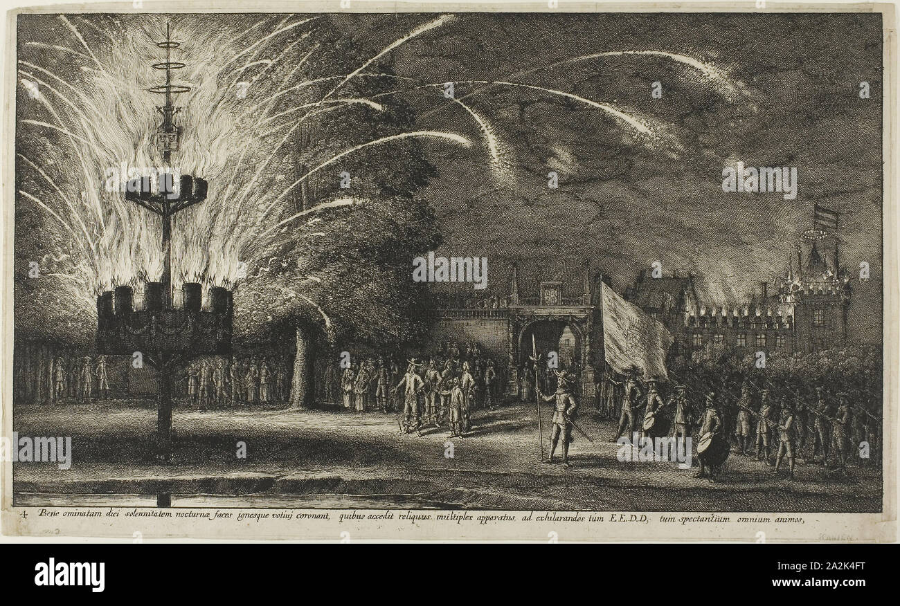 Feuerwerk in der Hemissem, C. 1650, Wenzel Hollar, Tschechisch, 1607-1677, Böhmen, Ätzung auf Elfenbein Bütten, 249 × 414 mm. Stockfoto