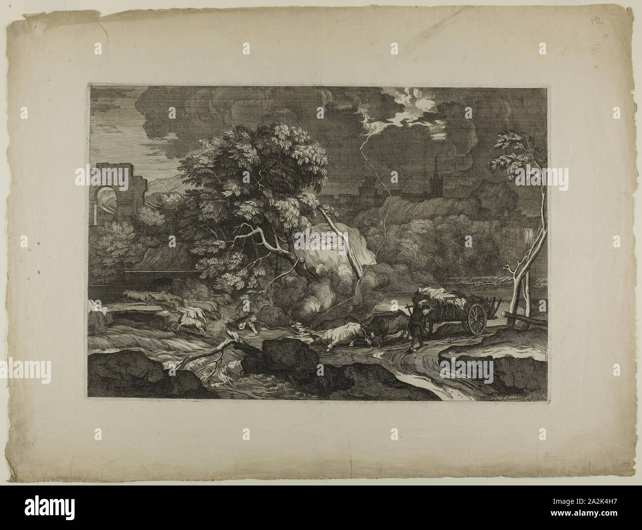 Warenkorb gezeichnet von zwei Paar Ochsen in einem Sturm, 17. Jahrhundert, Sébastien Bourdon, Französisch, 1616-1671, Frankreich, Côte d'Ivoire Radierung auf Bütten, 300 x 440 mm (Platte), 445 × 593 mm (Blatt Stockfoto