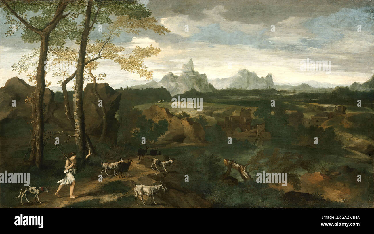 Landschaft mit ein Hirt und Ziegen, C. 1635, Gaspard Dughet, Französisch, 1615-1675, Frankreich, Öl auf Leinwand, 26 cm × 47 cm. (68 × 120,4 cm Stockfoto