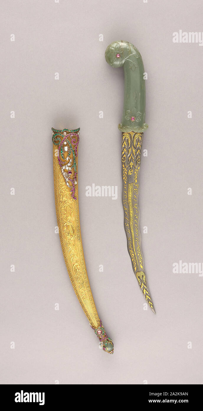 Dolch mit Scheide (khanjar), 18./19. Jahrhundert, Blade, iranischen, datiert 1128 Hejira (A.D. 1715), des Osmanischen Türkisch, Dahestan, Stahl, Gold, Juwelen, L.: 45,8 cm (18 in Stockfoto