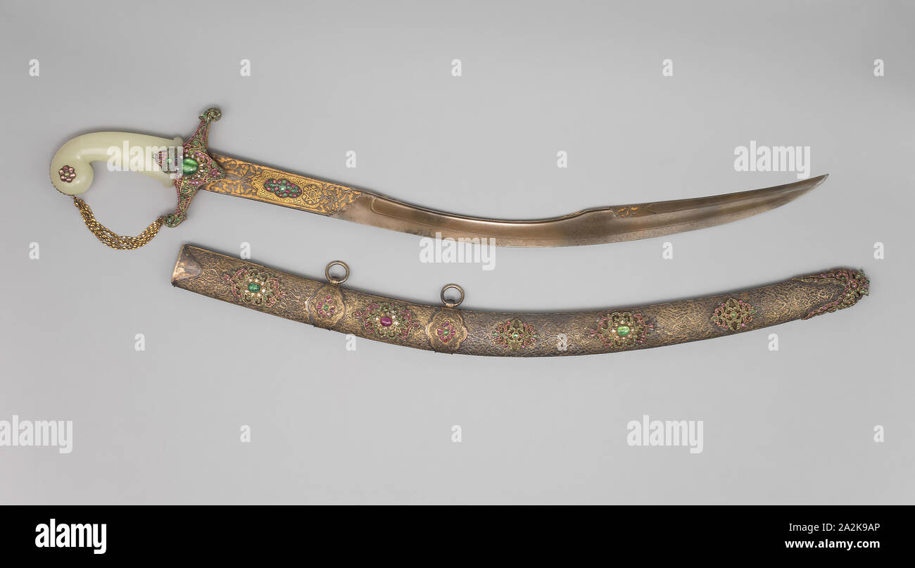 Sabre (kiliç) mit Scheide, Ende 19. Jahrhundert, Blade eingeschrieben 1099 Hejira [A.D. 1687], Osmanisches Dampfbad, Türkei, Damaskus war dein Aufkäufer' Stahl, Gold, vergoldetem Messing, Rubine, Smaragde, Diamanten, Jade, und Holz, Blade L. 71,1 cm (28 in Stockfoto