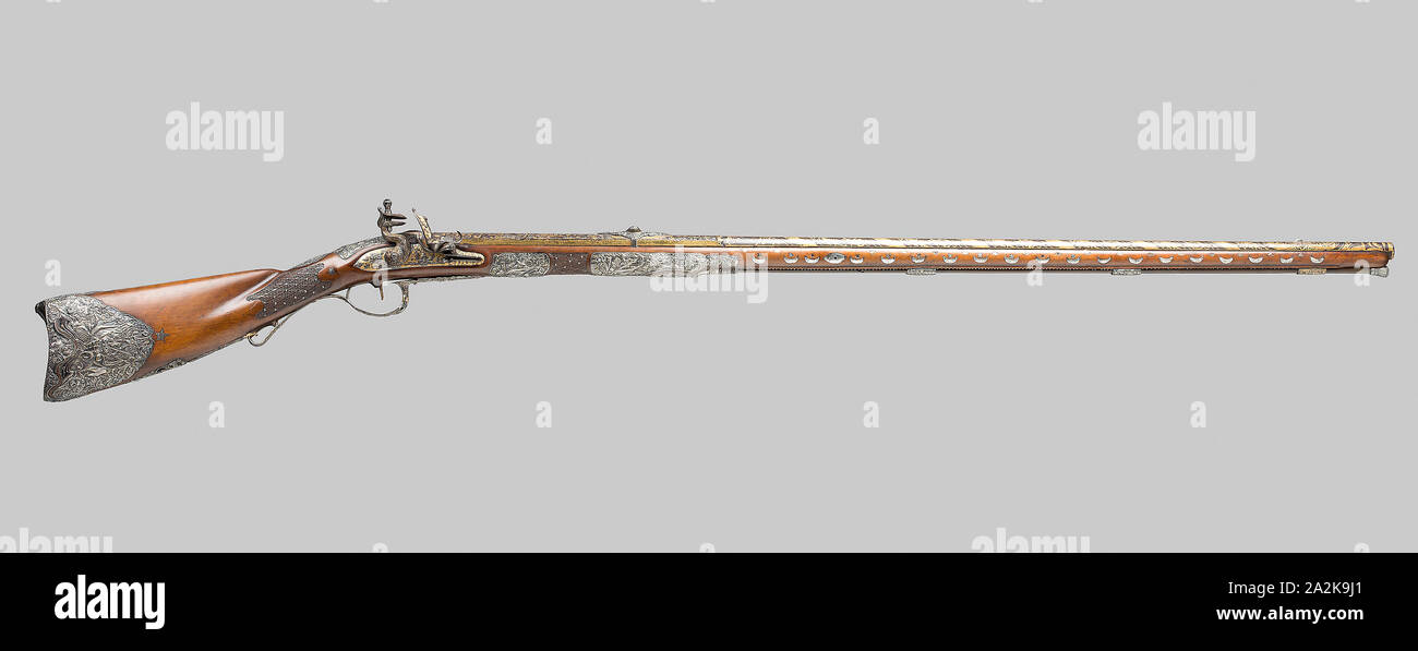 Präsentation Flintlock Vogeljagd Stück im östlichen Fashhion, 1810, Büchsenmacher: Jean Le Clerc (Französisch), Barrel Smith: Fatou (Französisch), Paris, Paris, Stahl, Vergoldung, Silber, Walnuss, und Fischbein, L. 149 cm (58 11/16 in Stockfoto