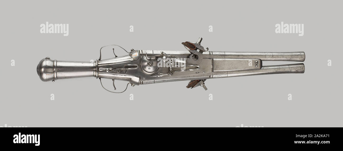 Double-Barrel Wheellock Pistole, C. 1570, Deutsch, Deutschland, Stahl, Kupfer, Aluminium, Leder und Holz, L 49,2 cm (19 3/8 in Stockfoto